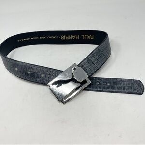 Vintage PAUL HARRIS Women’s Grey Stamped Leather Belt Silver Puma Buckle Size S